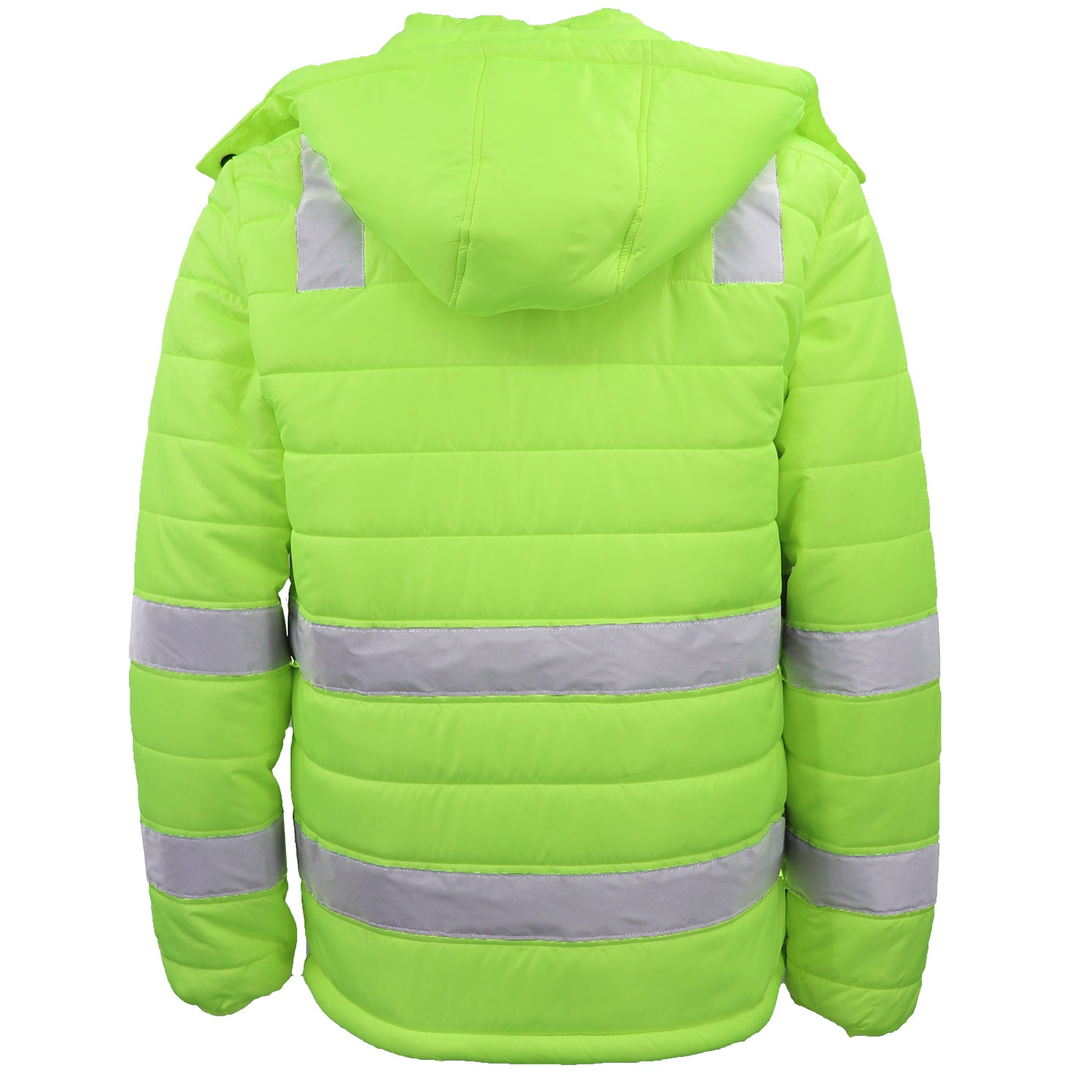 Men's Coats & Jackets: HI VIS Puffer Safety Jacket Reflective Tape Removable Hood Zip Pocket Puffy Coat, Fluro Yellow, 5XL