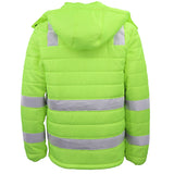 Men's Coats & Jackets: HI VIS Puffer Safety Jacket Reflective Tape Removable Hood Zip Pocket Puffy Coat, Fluro Yellow, 5XL