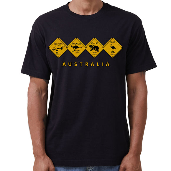 Adult Unisex 100% Cotton T Shirt Australia Wildlife Road Sign Souvenir Tee Tops, Black, S