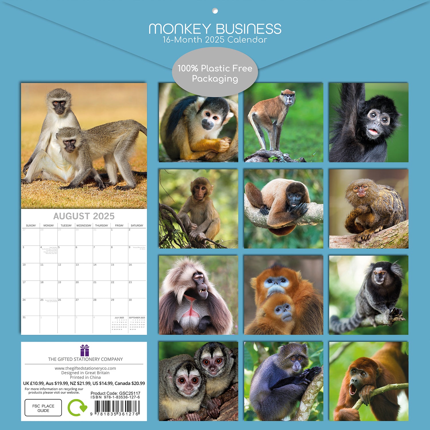 Calendars, Organisers & Planners: Monkey Business 2025 Square Wall Calendar Animals 16 Months Premium Planner Gift