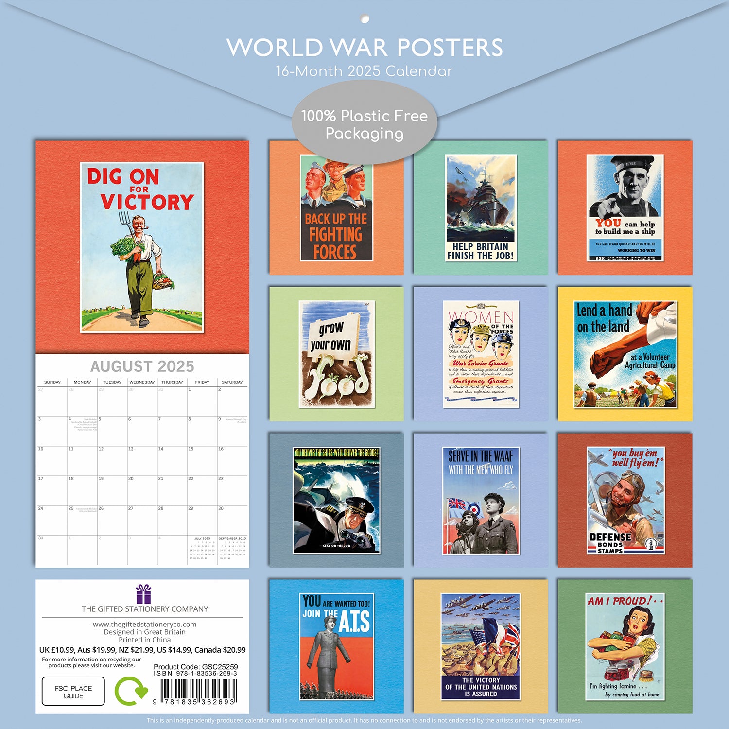 Calendars, Organisers & Planners: World War Posters - 2025 Square Wall Calendar Arts 16 Months Premium Planner