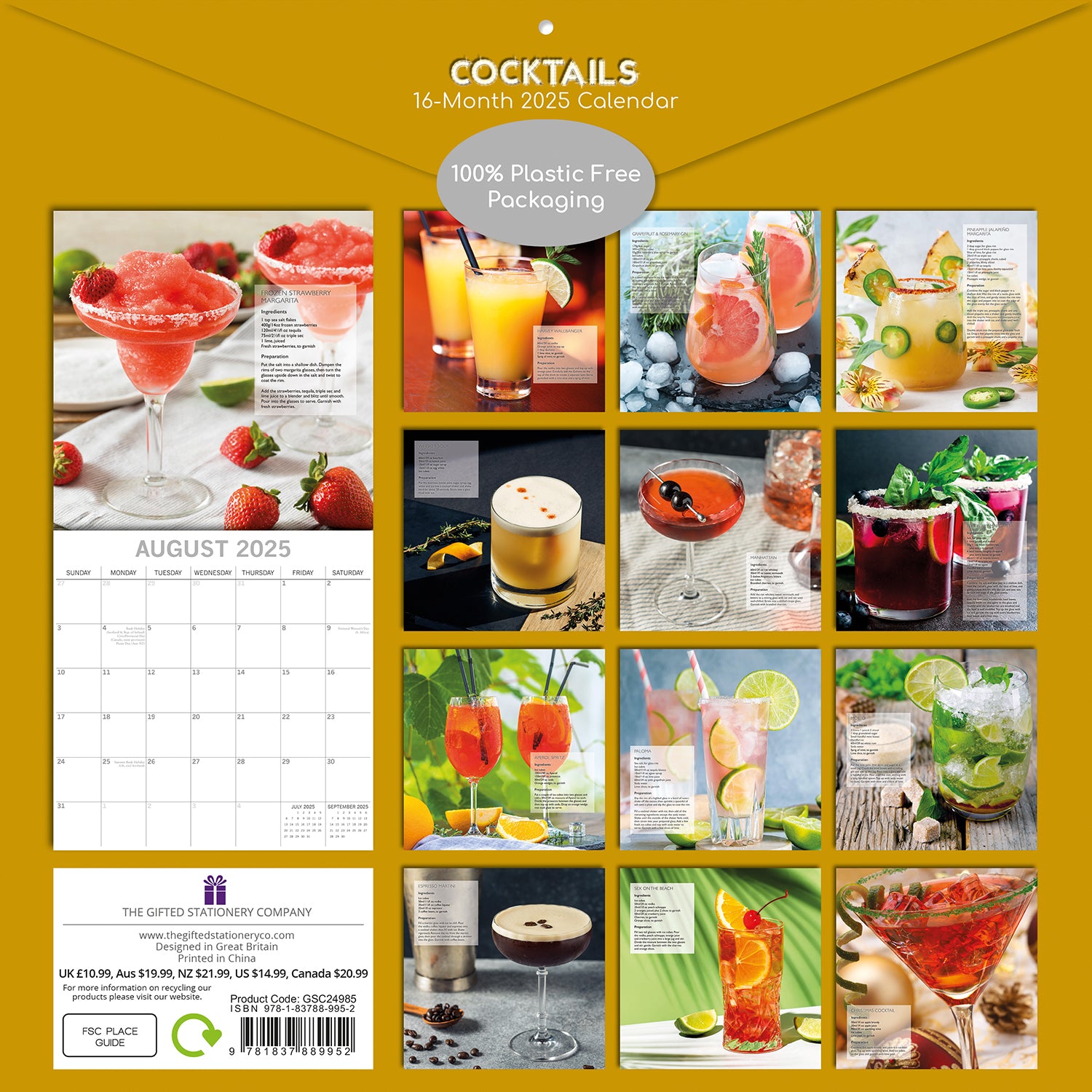 Calendars, Organisers & Planners: Cocktails 2025 Square Wall Calendar Food 16-Month Christmas Premium Planner Gift