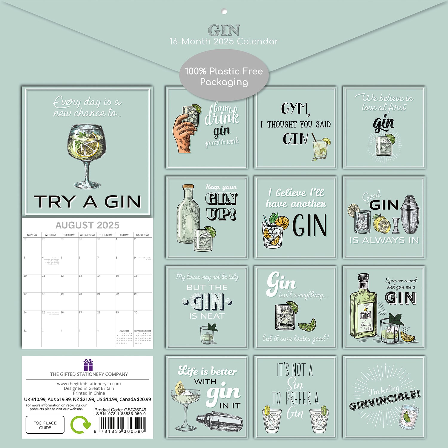 Calendars, Organisers & Planners: Gin - 2025 Square Wall Calendar 16-Month Premium Planner Christmas New Year Gift