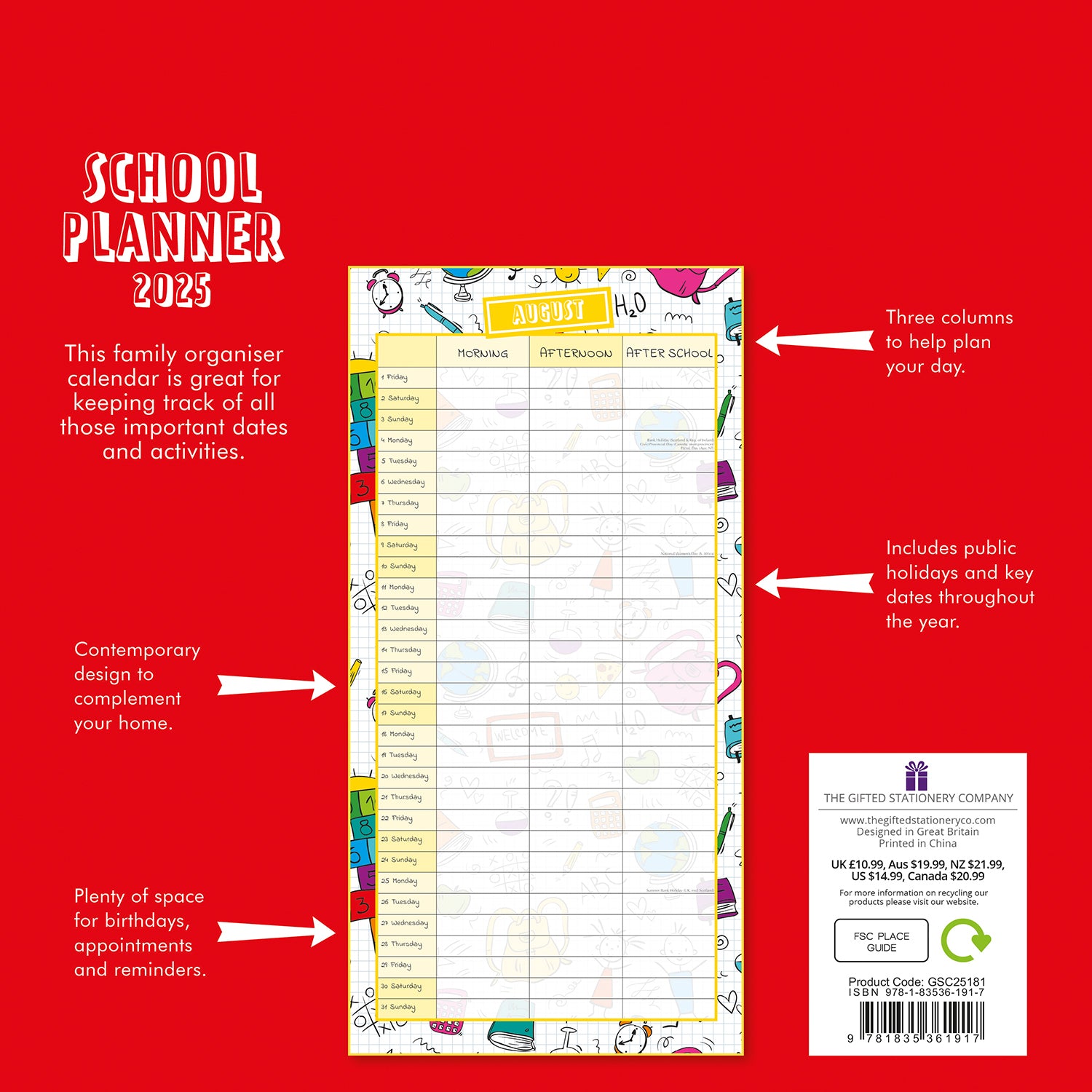 Calendars, Organisers & Planners: School Planner 2025 Square Wall Calendar 16Month Premium New Year Organiser Gift