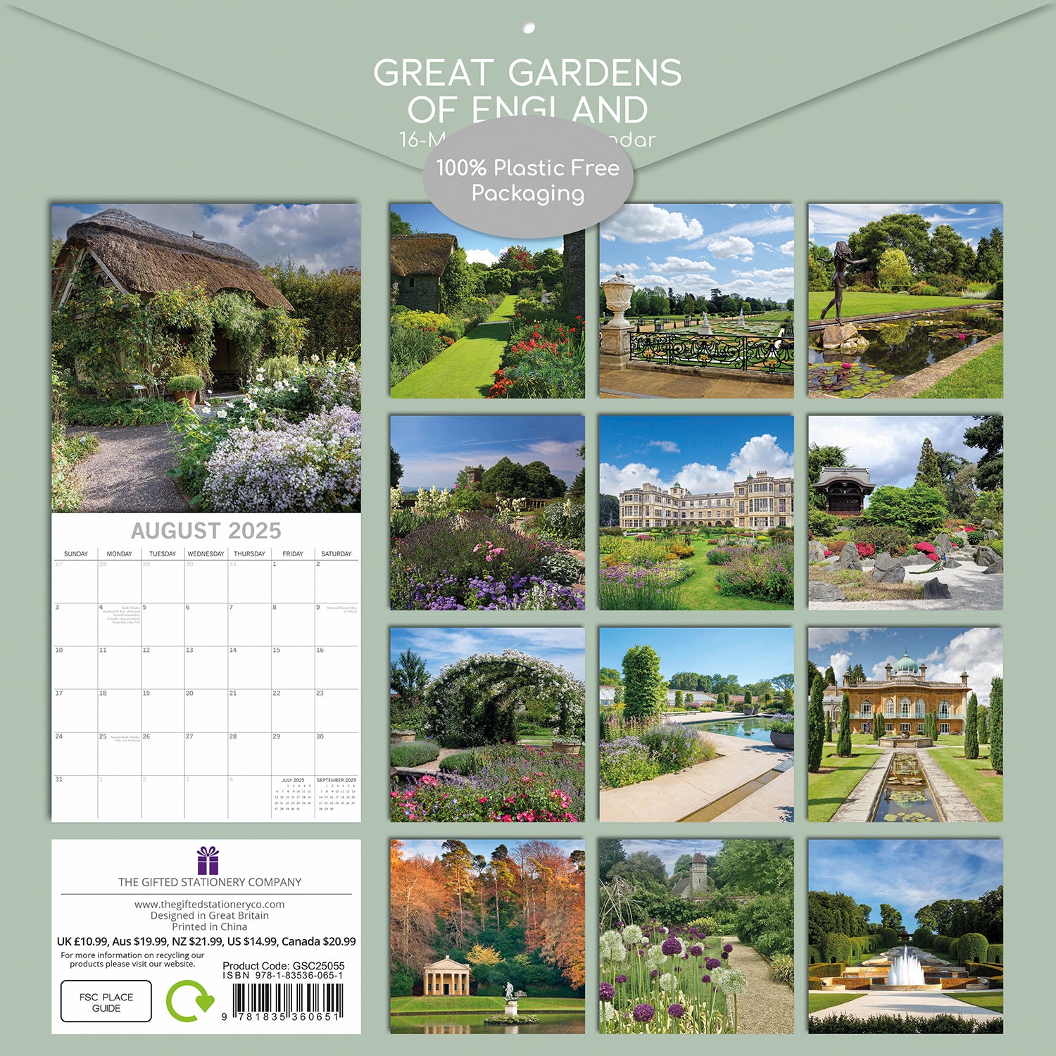 Calendars, Organisers & Planners: Great Gardens of England 2025 Square Wall Calendar 16Month New Year Planner Gift