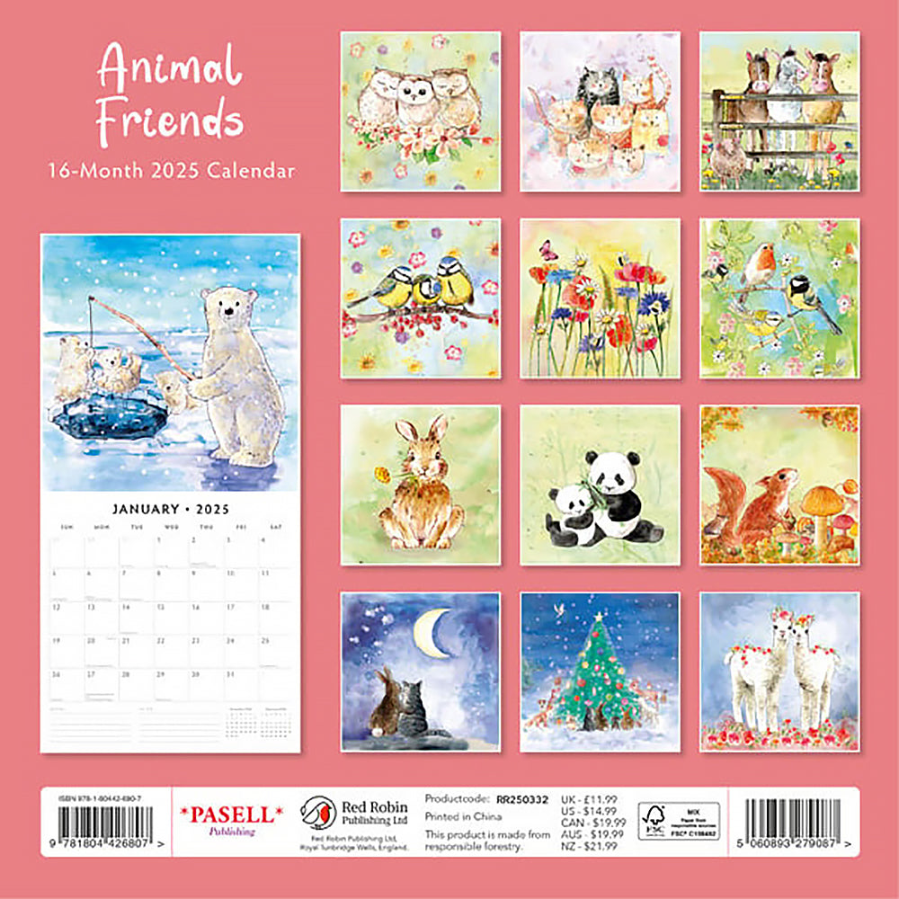 Calendars, Organisers & Planners: Animal Friends 2025 Square Wall Calendar Animals 16 Months Premium Planner Gift