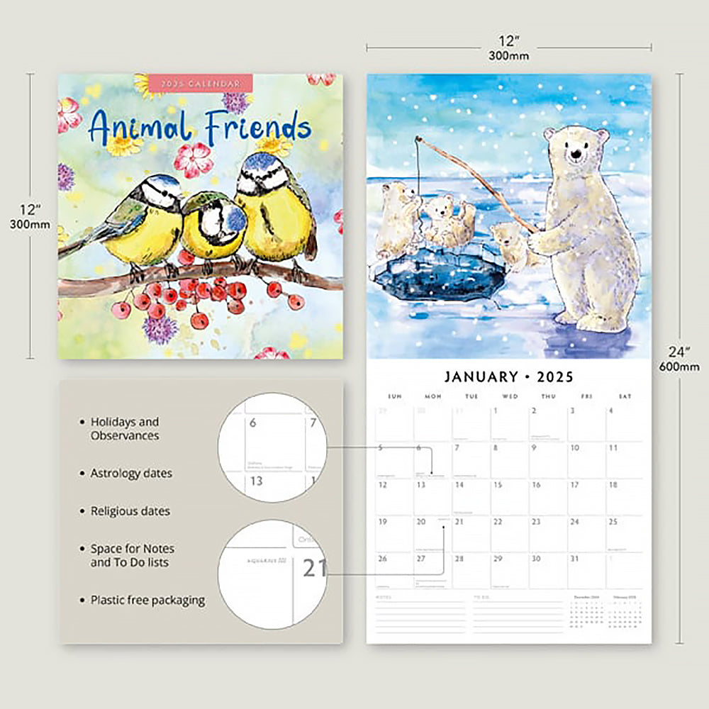 Calendars, Organisers & Planners: Animal Friends 2025 Square Wall Calendar Animals 16 Months Premium Planner Gift