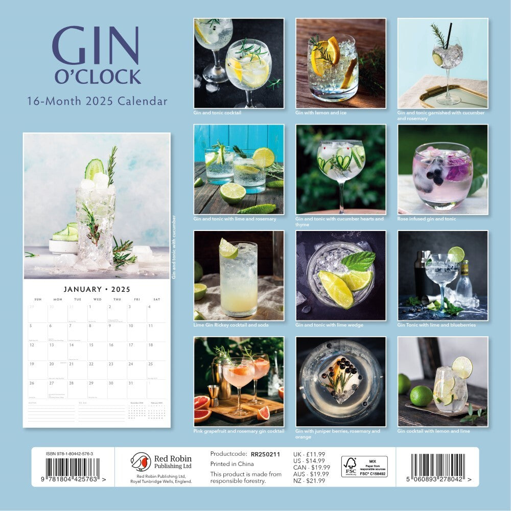Calendars, Organisers & Planners: Gin O'Clock - 2025 Square Wall Calendar Food & Drink 16 Months Premium Planner