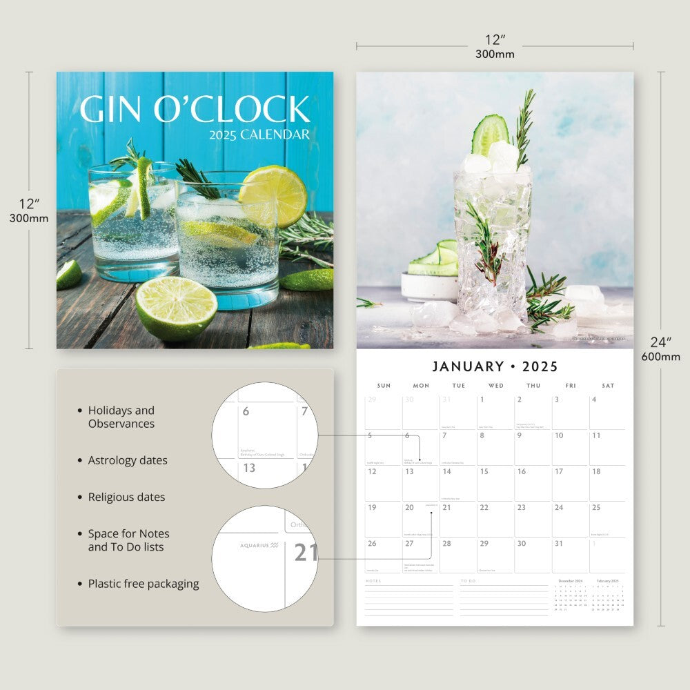 Calendars, Organisers & Planners: Gin O'Clock - 2025 Square Wall Calendar Food & Drink 16 Months Premium Planner