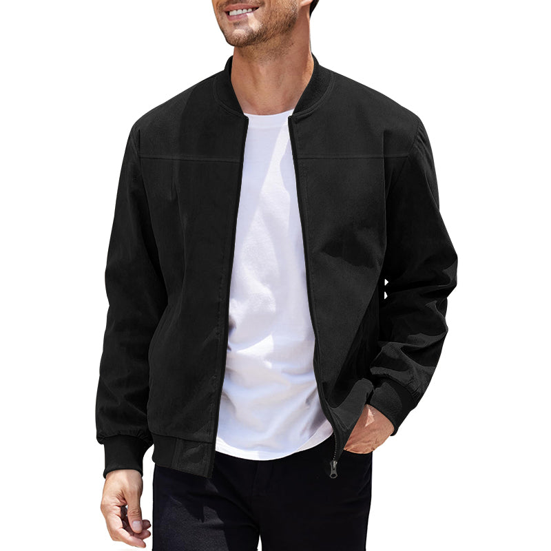 Men's Coats & Jackets: Men's Varsity Bomber Flight Jacket Breathable Windbreaker Zip Coat Faux Leather, Black, 2XL