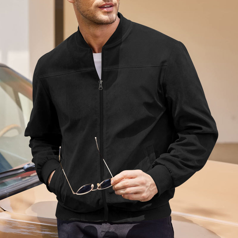 Men's Coats & Jackets: Men's Varsity Bomber Flight Jacket Breathable Windbreaker Zip Coat Faux Leather, Black, 2XL