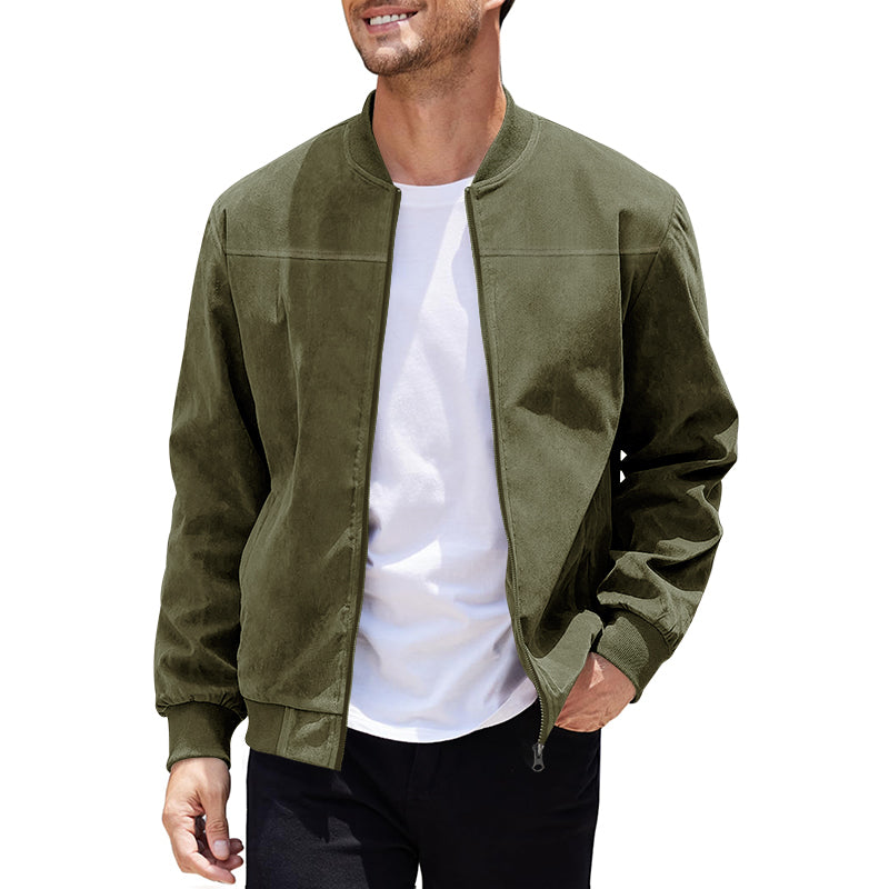 Men's Coats & Jackets: Men's Varsity Bomber Flight Jacket Breathable Windbreaker Zip Coat Faux Leather, Green, S