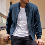 Men's Coats & Jackets: Men's Varsity Bomber Flight Jacket Breathable Windbreaker Zip Coat Faux Leather, Navy, S