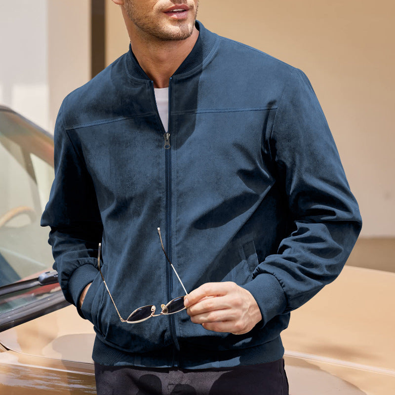 Men's Coats & Jackets: Men's Varsity Bomber Flight Jacket Breathable Windbreaker Zip Coat Faux Leather, Navy, S