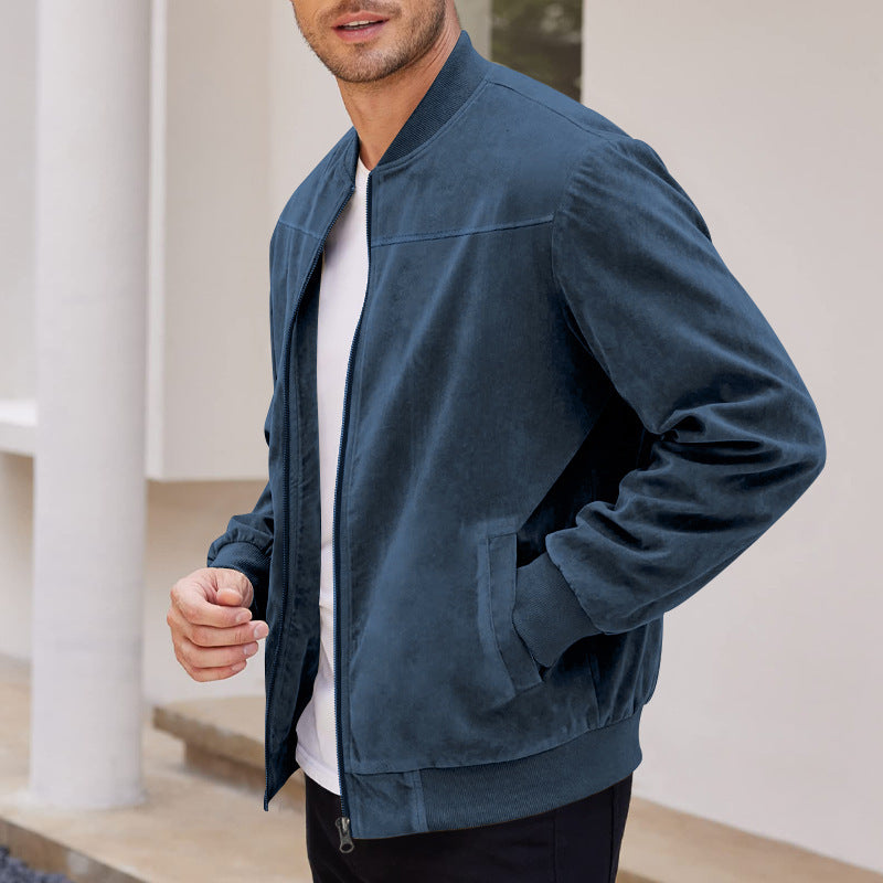 Men's Coats & Jackets: Men's Varsity Bomber Flight Jacket Breathable Windbreaker Zip Coat Faux Leather, Navy, M