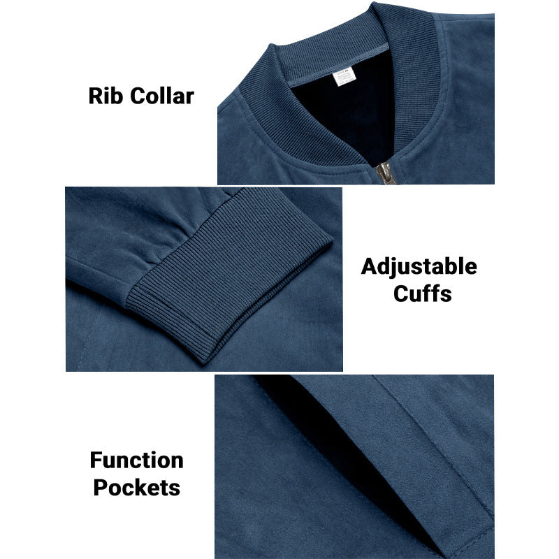 Men's Coats & Jackets: Men's Varsity Bomber Flight Jacket Breathable Windbreaker Zip Coat Faux Leather, Navy, XL