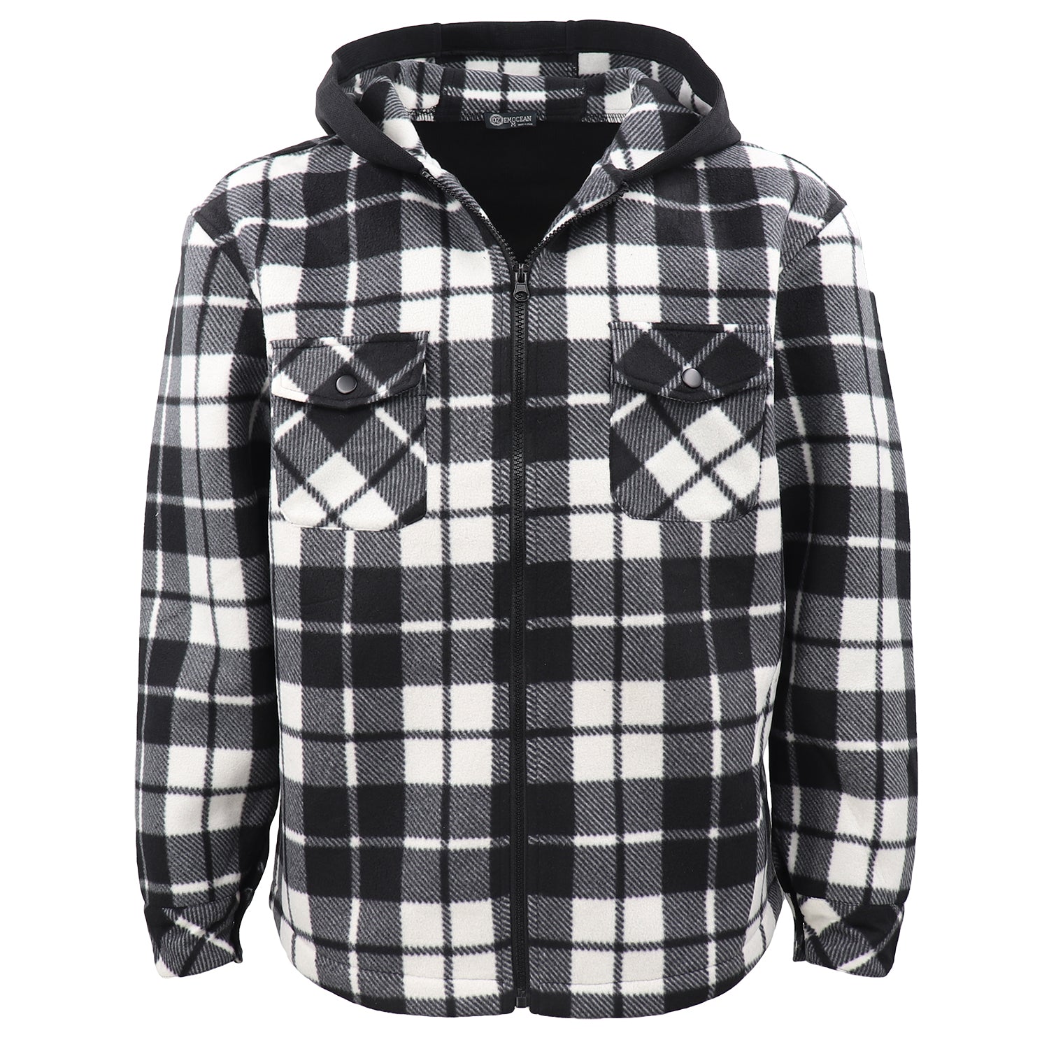 Men's Coats & Jackets: Men's Hooded Flannel Jacket Flannelette Plaid Fleece Shirt Zip Up Winter Coat, Black, S