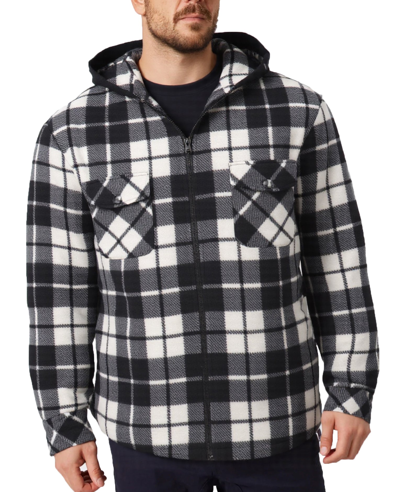Men's Coats & Jackets: Men's Hooded Flannel Jacket Flannelette Plaid Fleece Shirt Zip Up Winter Coat, Black, L