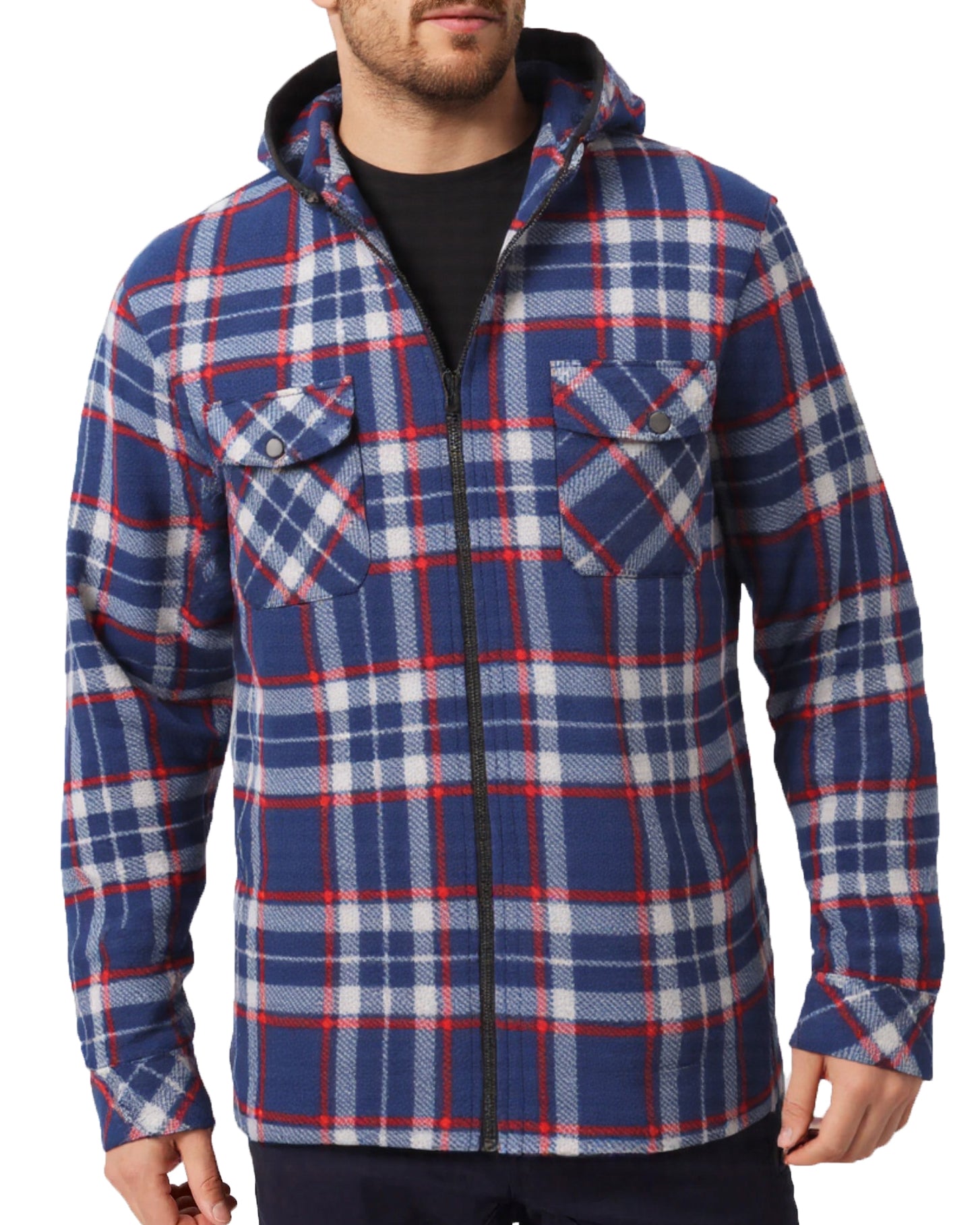 Men's Coats & Jackets: Men's Hooded Flannel Jacket Flannelette Plaid Fleece Shirt Zip Up Winter Coat, Blue, M