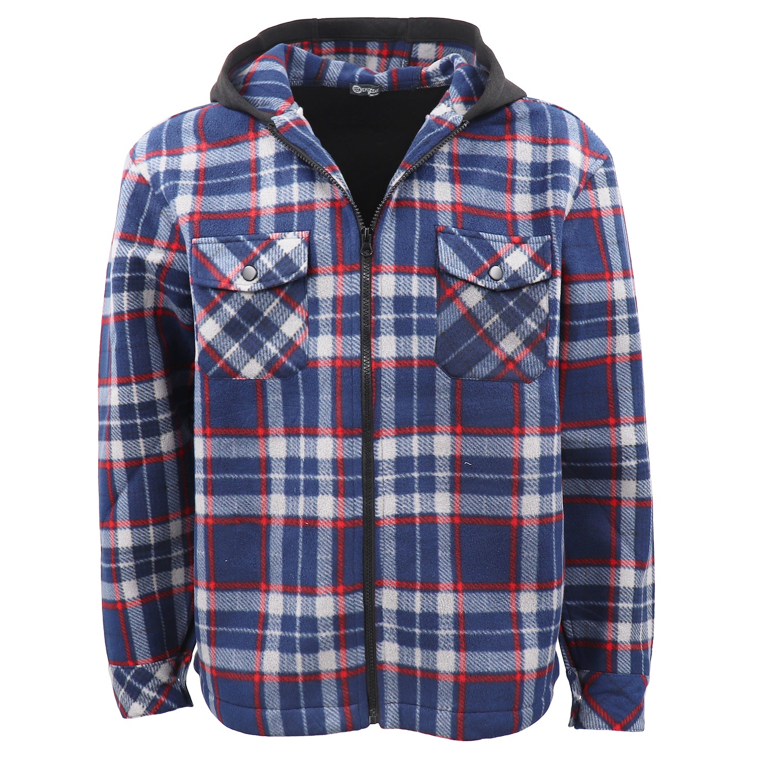 Men's Coats & Jackets: Men's Hooded Flannel Jacket Flannelette Plaid Fleece Shirt Zip Up Winter Coat, Blue, M