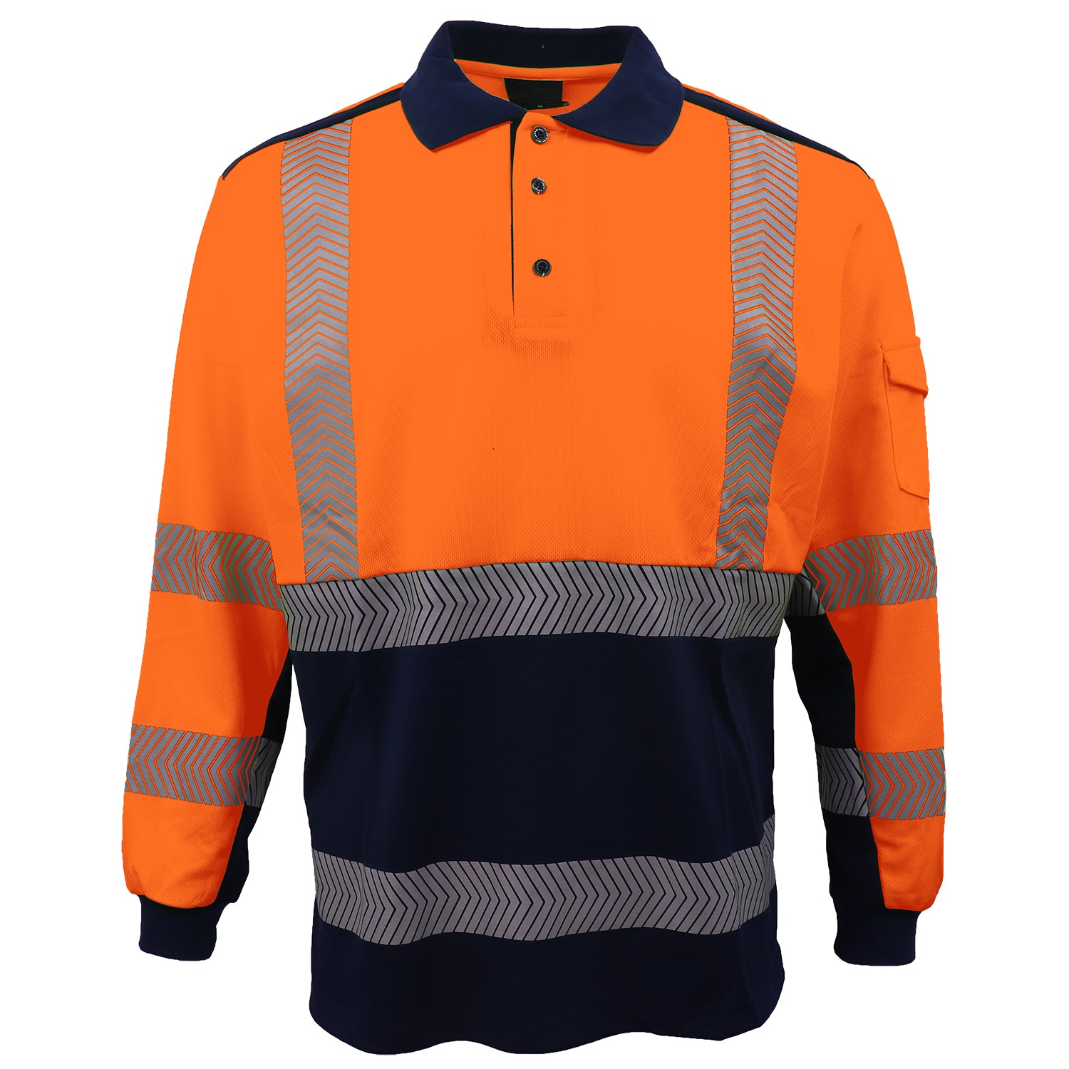 HI VIS Long Sleeve Polo Shirt Reflective Tape Safety Tradie Work Wear Tops Tee, Fluro Orange / Navy, S
