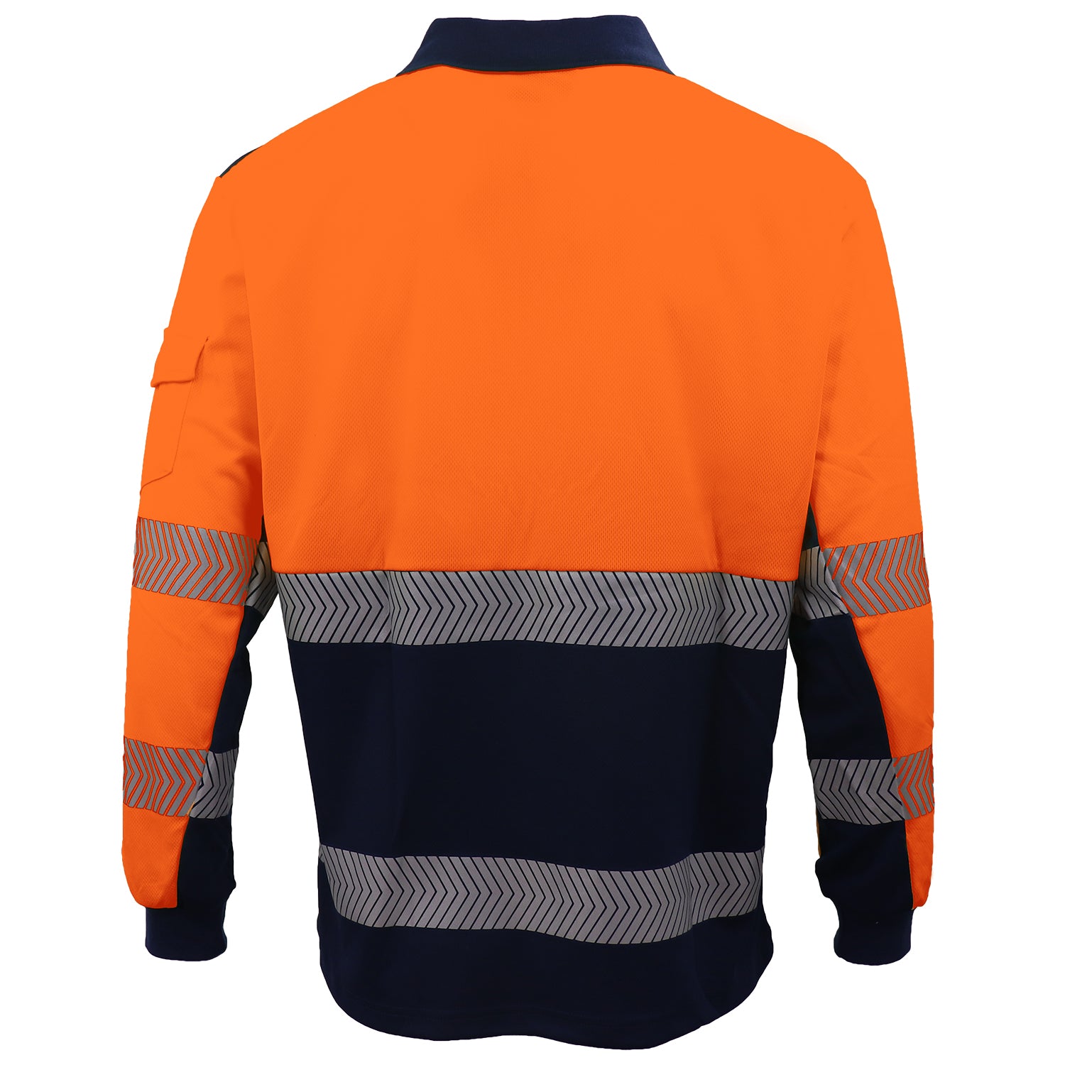 HI VIS Long Sleeve Polo Shirt Reflective Tape Safety Tradie Work Wear Tops Tee, Fluro Orange / Navy, L