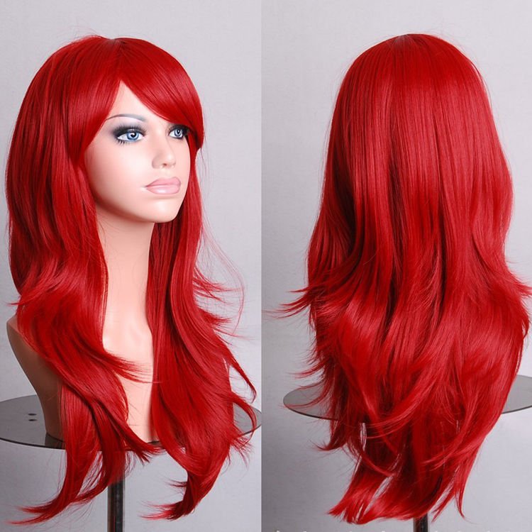 Costumes & Accessories: 70cm Wavy Curly Sleek Full Hair Lady Wigs w Side Bangs Cosplay Costume Womens, Red