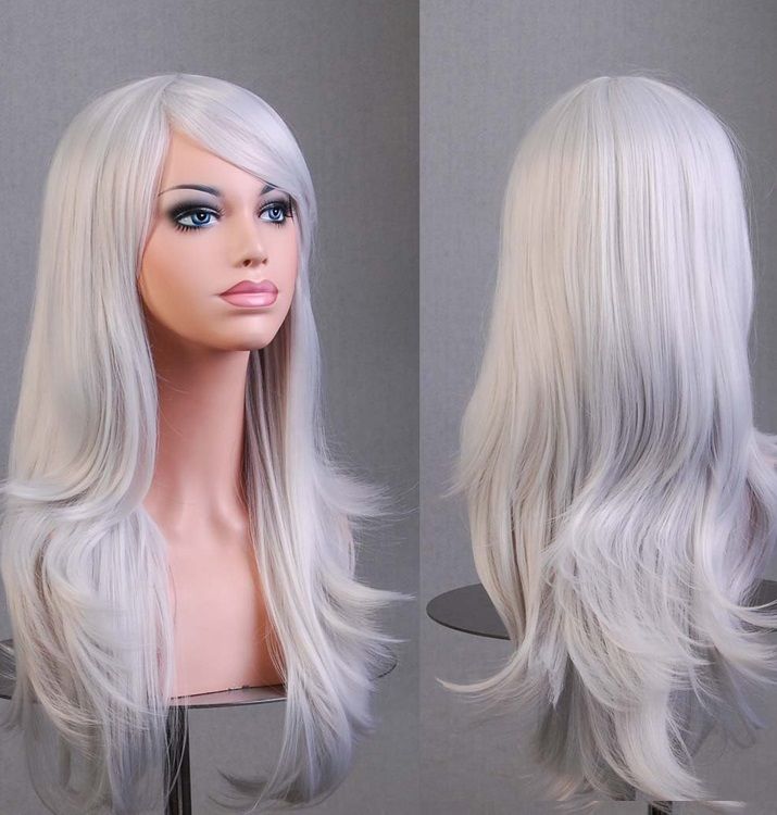 Costumes & Accessories: 70cm Wavy Curly Sleek Full Hair Lady Wigs w Side Bangs Cosplay Costume Womens, Silver