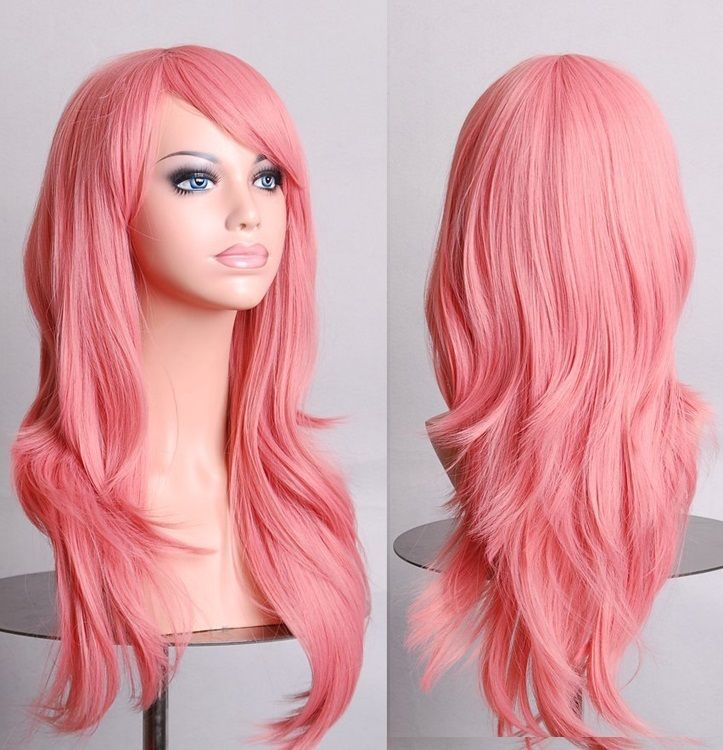 Costumes & Accessories: 70cm Wavy Curly Sleek Full Hair Lady Wigs w Side Bangs Cosplay Costume Womens, Pink