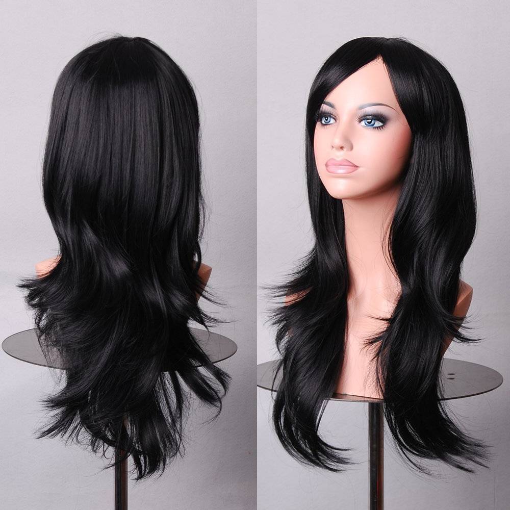 Costumes & Accessories: 70cm Wavy Curly Sleek Full Hair Lady Wigs w Side Bangs Cosplay Costume Womens, Black