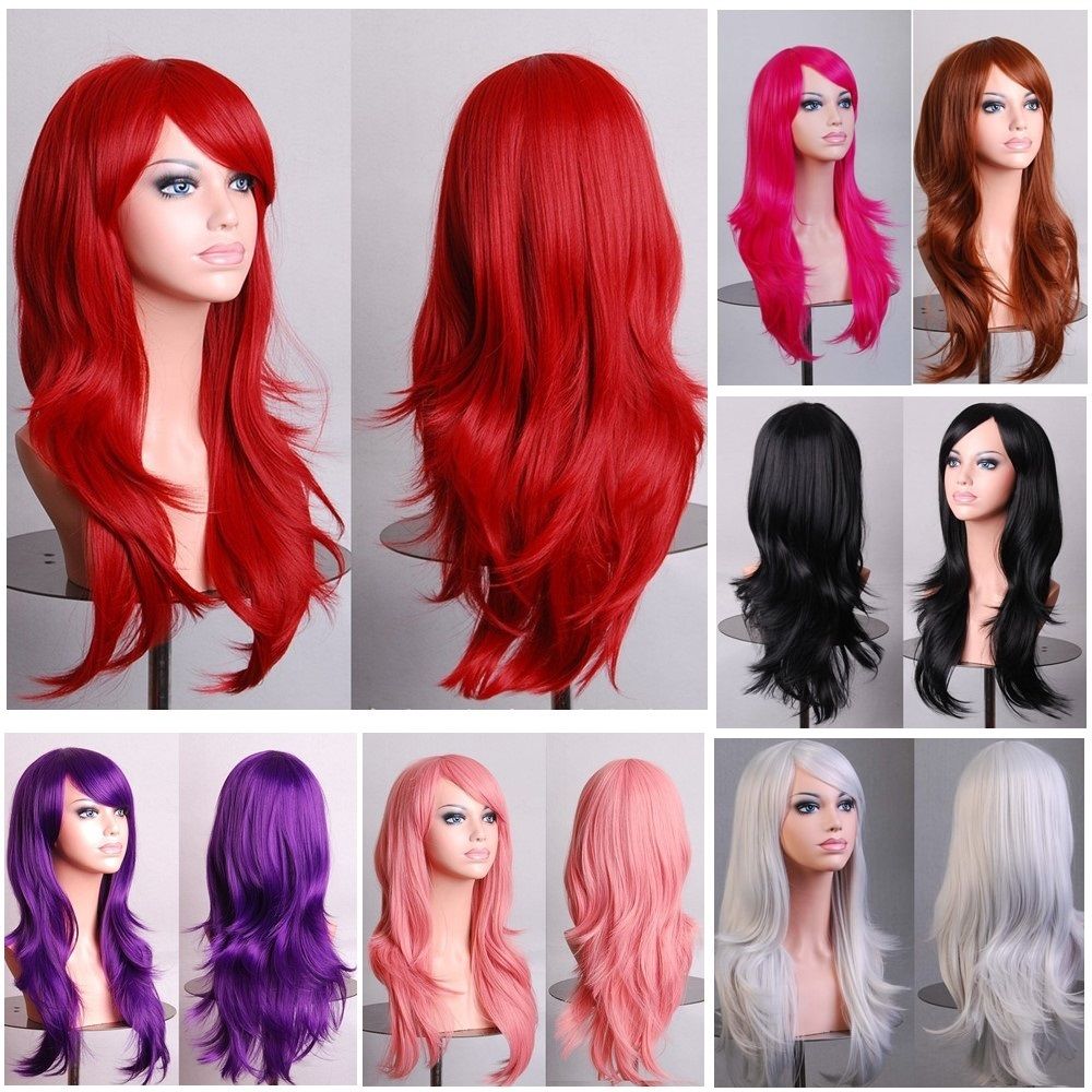 Costumes & Accessories: 70cm Wavy Curly Sleek Full Hair Lady Wigs w Side Bangs Cosplay Costume Womens, Black