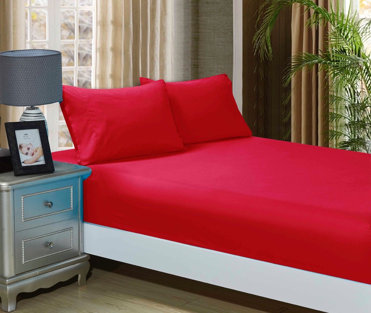 Bed Sheets: 1000TC Ultra Soft Fitted Sheet & 2 Pillowcases Set - Double Size Bed - Red