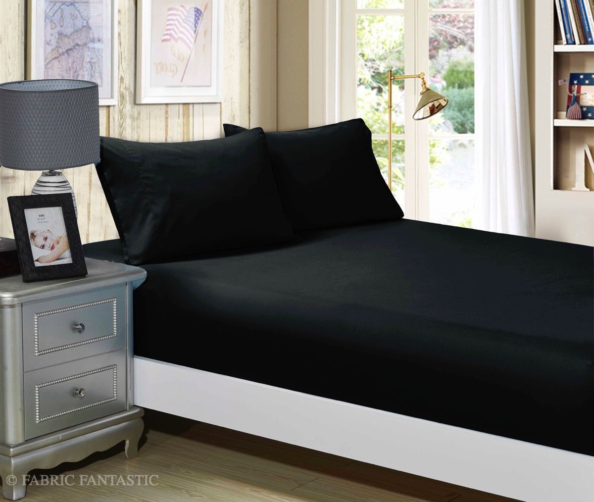 Bed Sheets: 1000TC Ultra Soft Fitted Sheet & 2 Pillowcases Set - Double Size Bed - Black