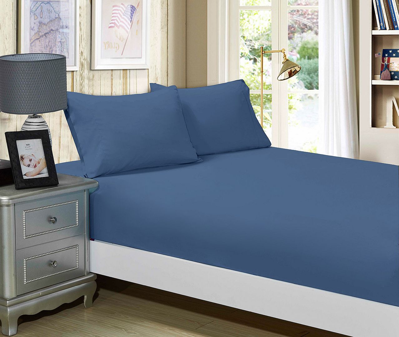 Bed Sheets: 1000TC Ultra Soft Fitted Sheet & 2 Pillowcases Set - King Size Bed - Greyish Blue