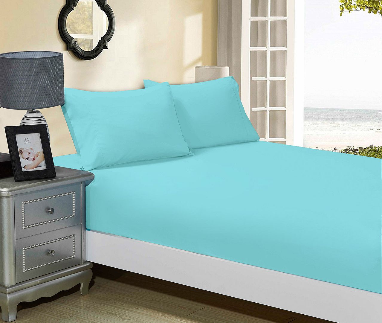 Bed Sheets: 1000TC Ultra Soft Fitted Sheet & 2 Pillowcases Set - King Size Bed - Aqua