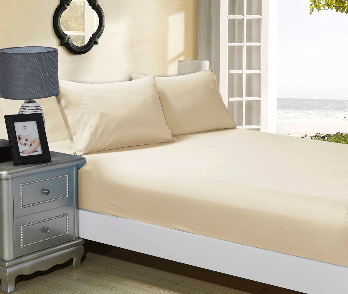 Bed Sheets: 1000TC Ultra Soft Fitted Sheet & 2 Pillowcases Set - Queen Size Bed - Beige