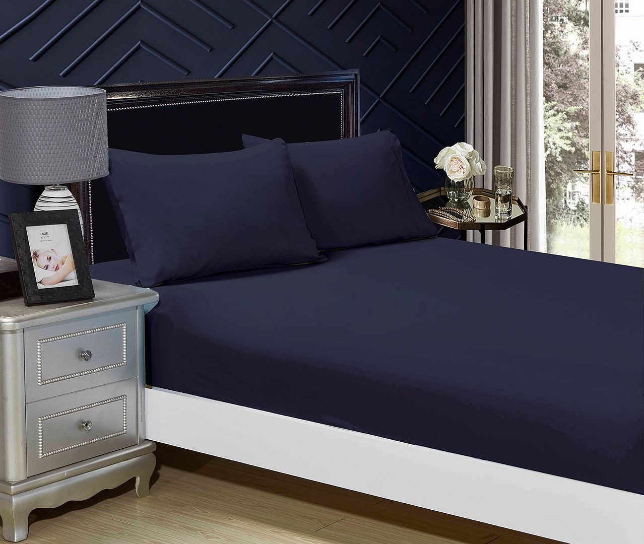Bed Sheets: 1000TC Ultra Soft Fitted Sheet & 2 Pillowcases Set - Queen Size Bed - Midnight Blue