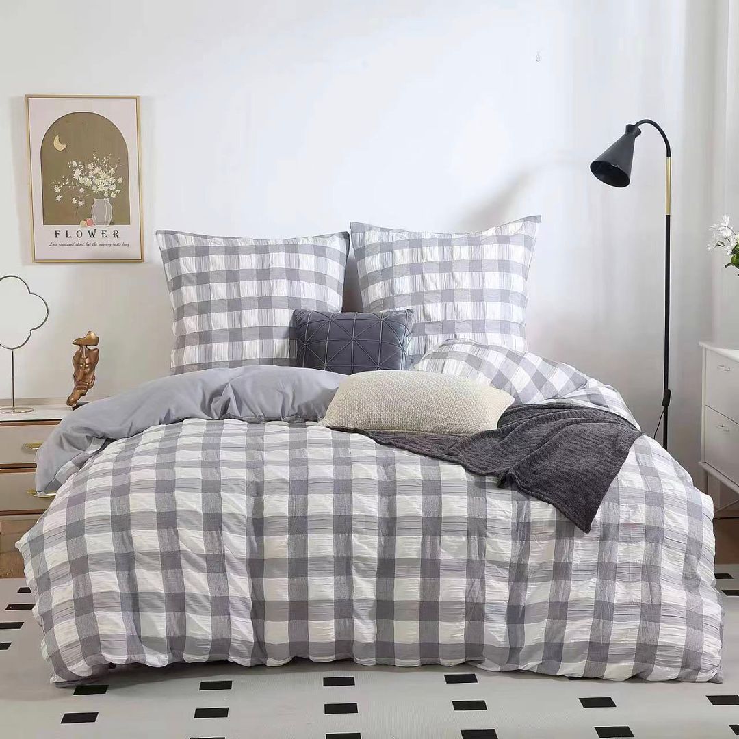 Duvet Covers: Rylee Grey Check Seersucker Quilt Cover Set - King Size