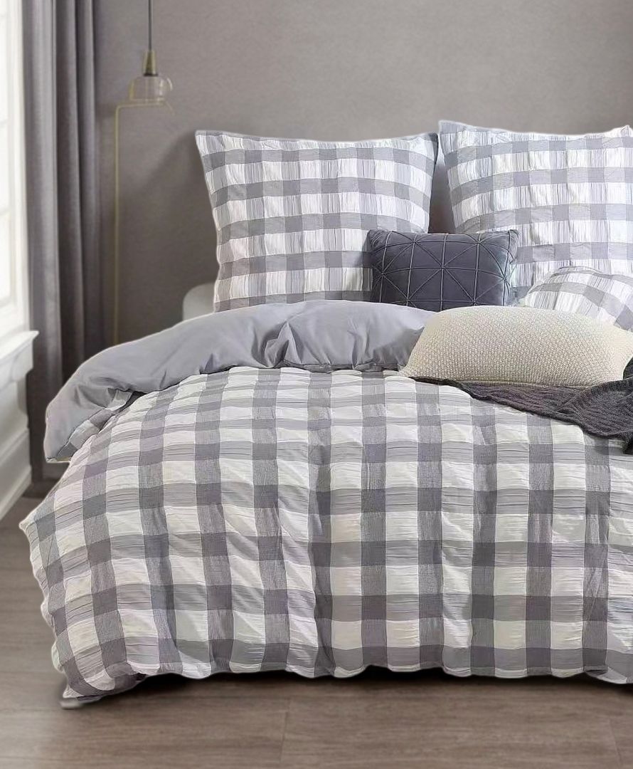 Duvet Covers: Rylee Grey Check Seersucker Quilt Cover Set - King Size