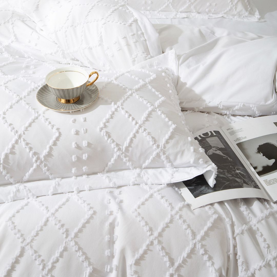 Duvet Covers: Tufted Boho Embroidery Quilt/Doona/Duvet Cover Set - White - Super King Size