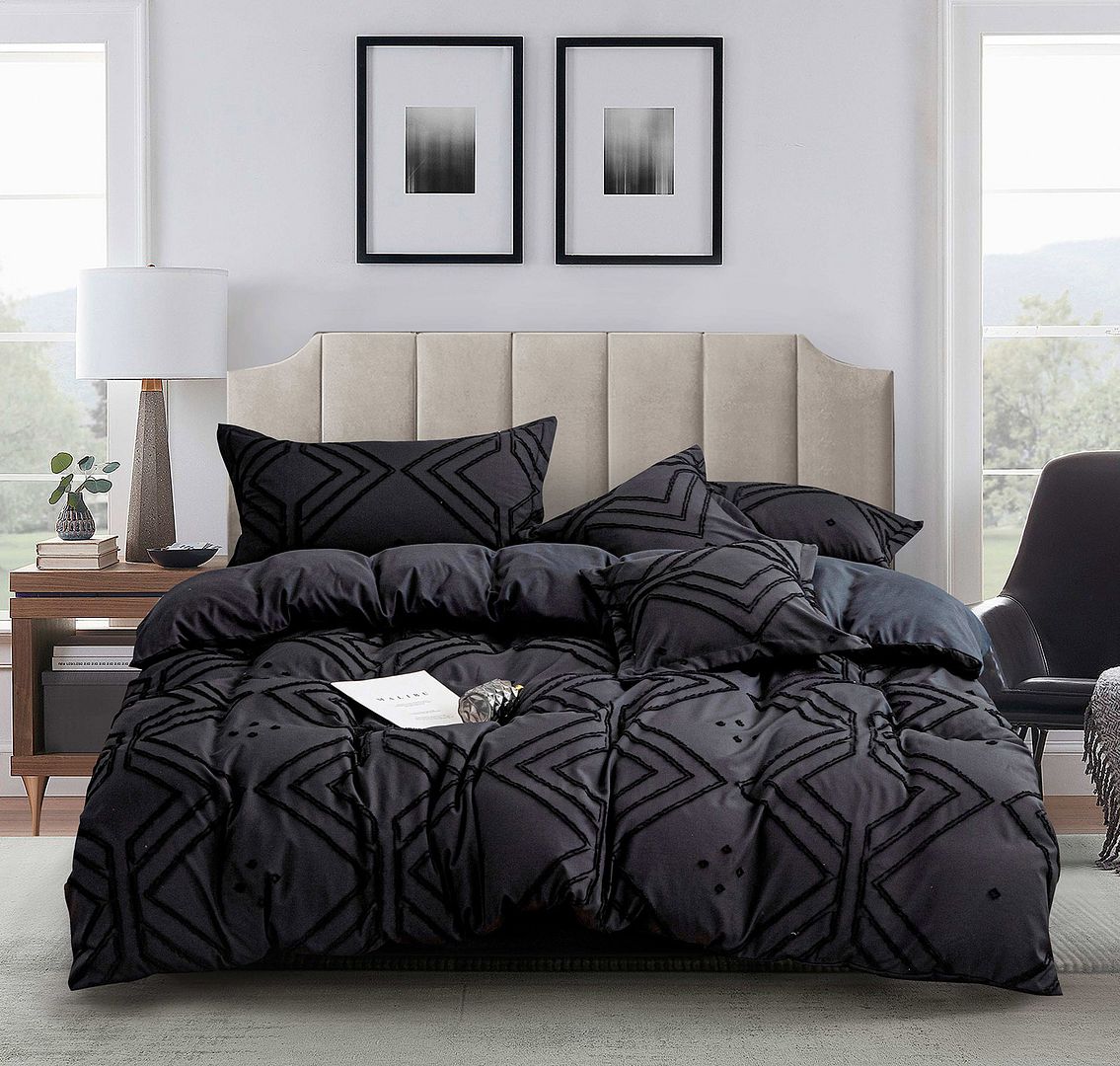 Duvet Covers: Tufted Textured Jacquard King Size Black Duvet Quilt Cover Set