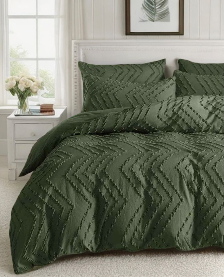 Duvet Covers: Tufted Boho Wave Jacquard Quilt Cover Set- Dark Green - Queen Size