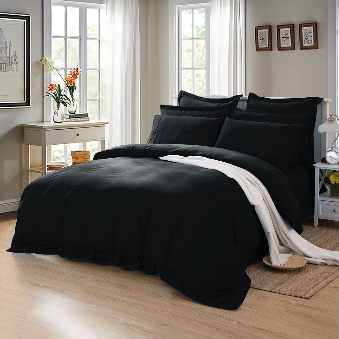 Duvet Covers: 1000TC Tailored King Size Black Duvet Quilt Cover Set