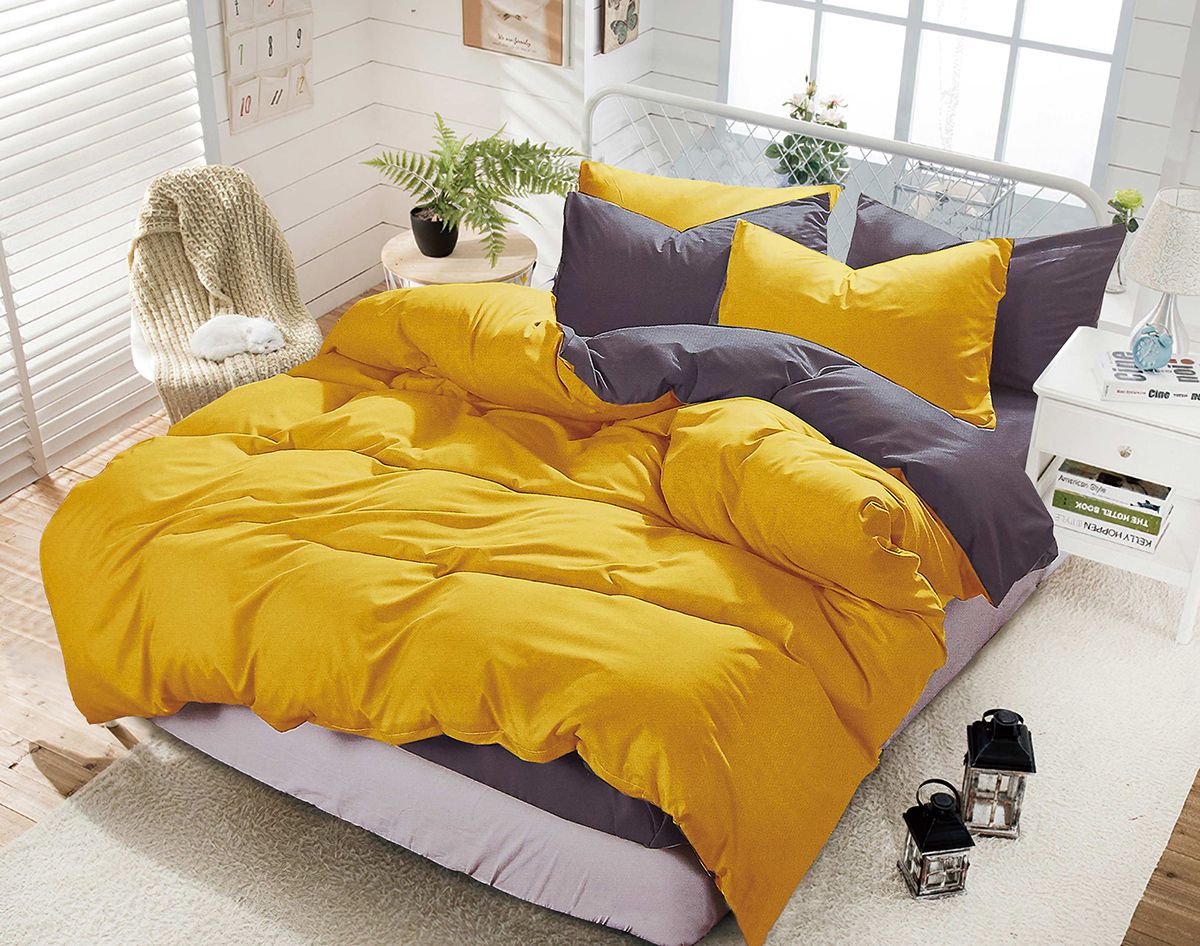 Duvet Covers: 1000TC Reversible Queen Size Yellow and Grey Duvet Quilt Cover Set