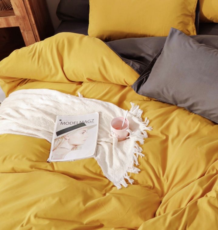 Duvet Covers: 1000TC Reversible Queen Size Yellow and Grey Duvet Quilt Cover Set