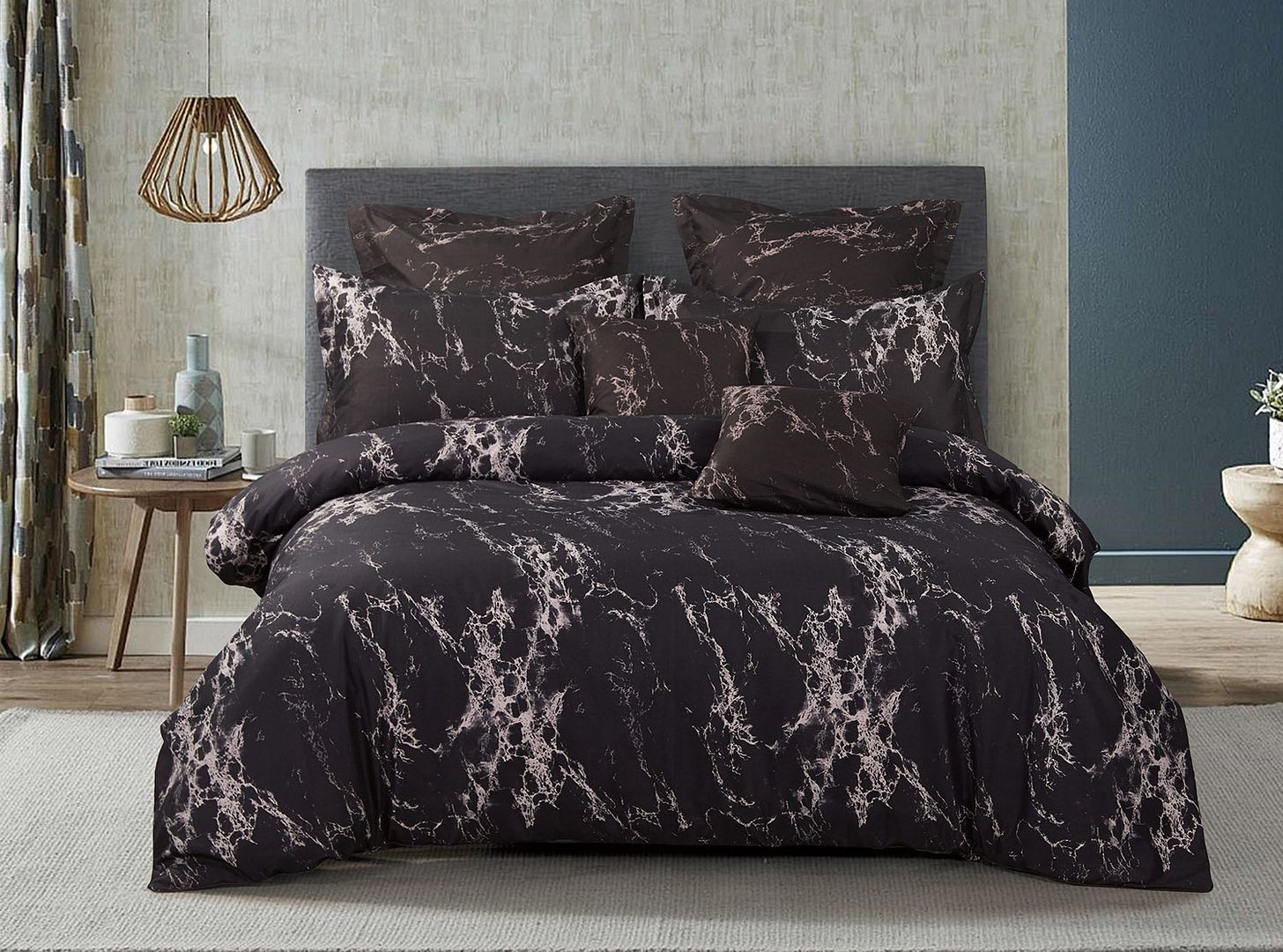 Duvet Covers: Black Marble Double Size Duvet Quilt Cover Set