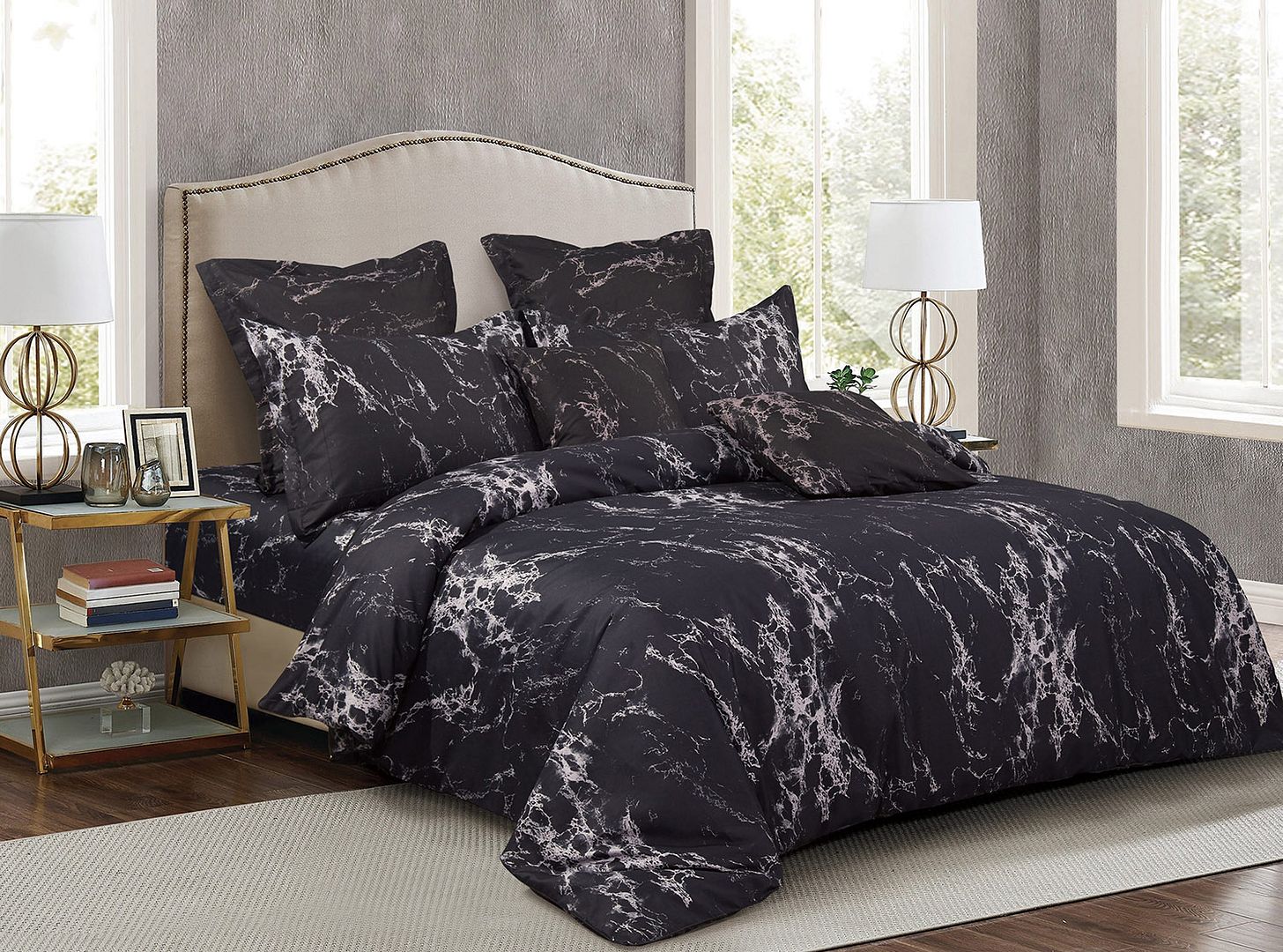 Duvet Covers: Black Marble King Size Duvet Quilt Cover Set