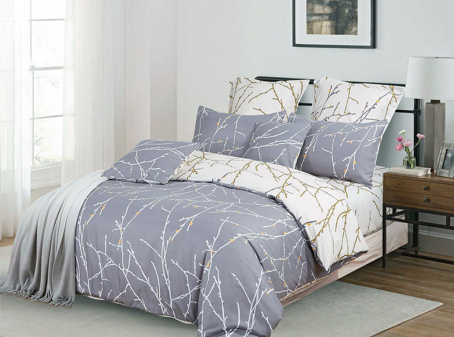 Duvet Covers: Tree Reversible Queen Size Grey Duvet Quilt Cover Set