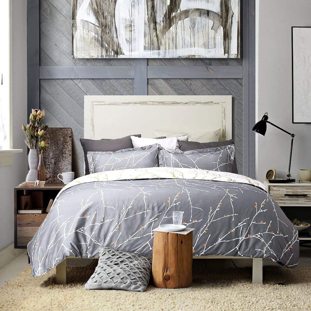 Duvet Covers: Tree Reversible Queen Size Grey Duvet Quilt Cover Set