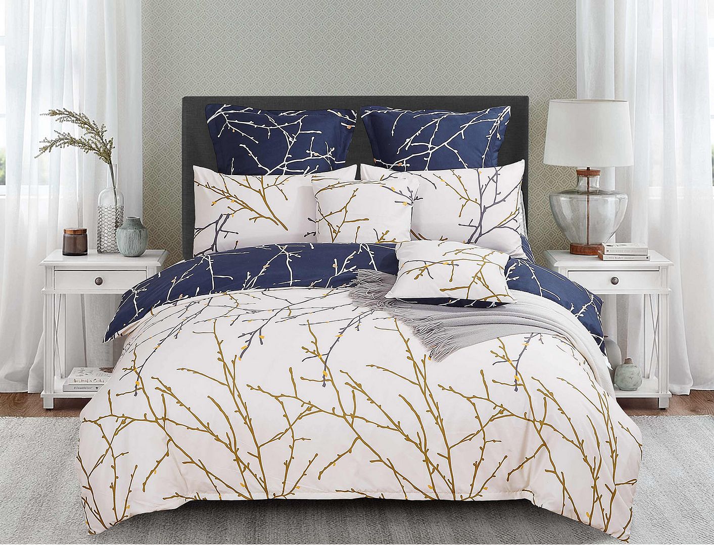 Duvet Covers: Tree Reversible Queen Size Blue Duvet Quilt Cover Set